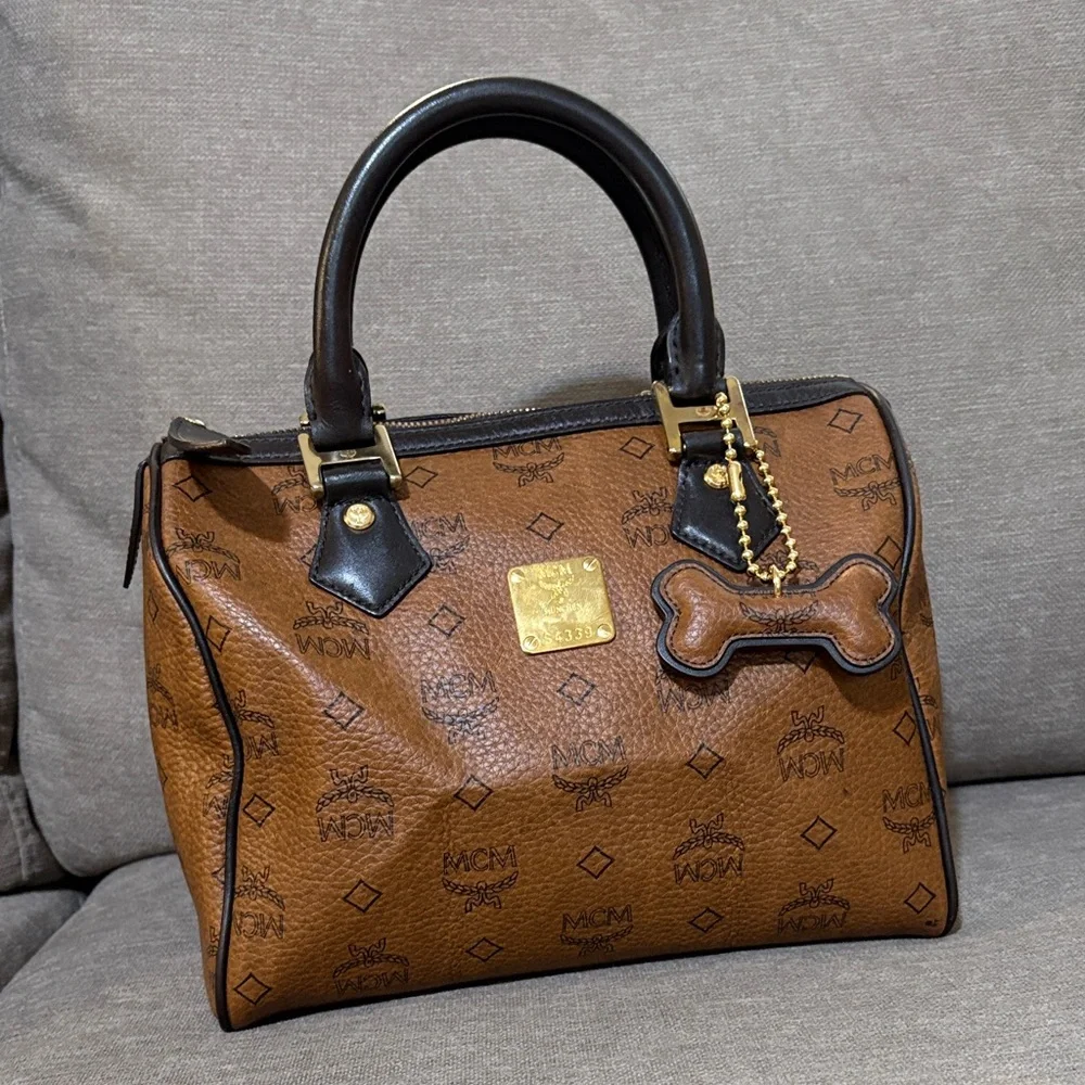 MCM Visetos Brown Boston Bag with Dog Bone Charm